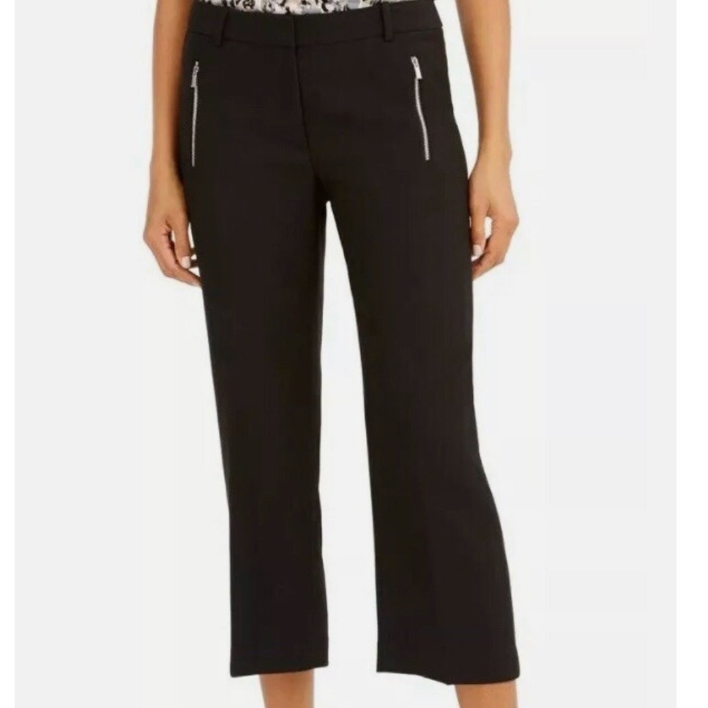 CALVIN KLEIN CK Black Dress Pants CROPPED MID-RISE SLIM Silver Zipper Pockets 12